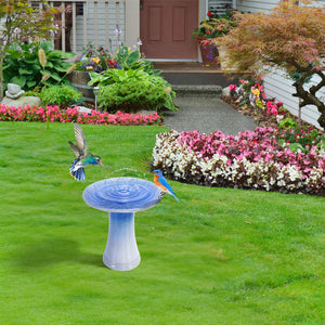 English Elm 17'' Hand-Glazed Ceramic Bird Bath Pedestal with Swirl Pattern, Durable Lightweight Outdoor Sculpture Blue Gray W3273P322557