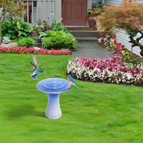 English Elm 17'' Hand-Glazed Ceramic Bird Bath Pedestal with Swirl Pattern, Durable Lightweight Outdoor Sculpture Blue Gray W3273P322557
