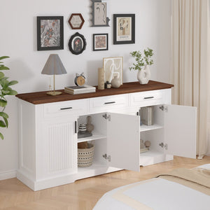 English Elm 63" Fluted Mdf Sideboard with Wood Tone Top Four Doors Three Drawers Dining Storage White W2917S00011