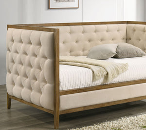 English Elm Transitional Twin Daybed with Diamond Tufted Back and Wood Trim, Versatile Seating & Sleeping Solution Natural,Oak 48 L x 46 W x 11 H B2741S00662