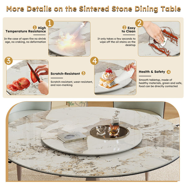 English Elm 59" Round Dining Table With 360° Rotating Lazy Susan - Scratch-Resistant Stone Top For Family Gatherings W2699S00055