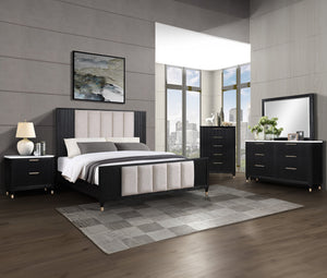 English Elm 1pc Upholstered Panel Queen Bed with Plush Padded Headboard, Sleek Finish, Metal Legs, Modern Flair Beige+White,Black 66 L x 42 W x 7.5 H B011S01386