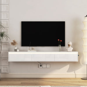 English Elm Floating LED TV Stand Wall Mounted Shelf with Power Outlet, High-Gloss White MDF Cabinet, Storage & Cord Management - Modern Living Room Accent W1321P311892