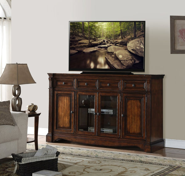 English Elm Parliament Traditional Hardwood Media Console with Bronze Hardware and Glass Doors B108P468547