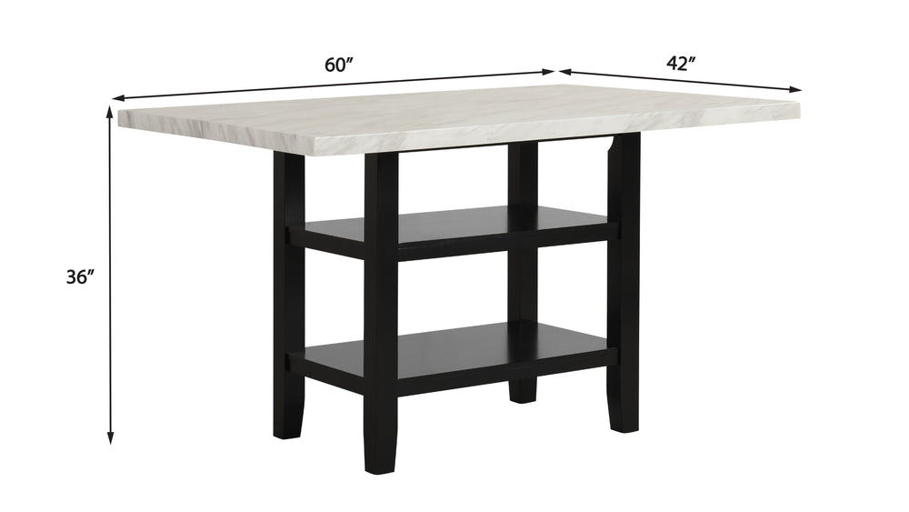 English Elm 1pc Pub‑Height Faux Marble Table 42x60x36" – Modern Black Metal Base, Lower Shelf Storage, Elegant Dining B011P400839