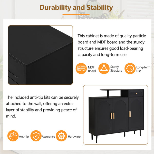 English Elm ON-TREND Elegant Arched Shoe Cabinet with Drawer and Adjustable Shelves, Stable Storage Sideboard for Entryway Black WF321210AAB