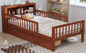 English Elm Twin Bed With Walnut Finish, Headboard Storage, Two Under-Bed Drawers & Safety Guardrails For Kids N733P272374D-GIGA