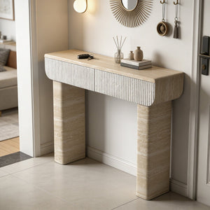 English Elm Entryway Console Table with Fluted Drawers Woodgrain Finish for Hallway or Living Room W3040P428693