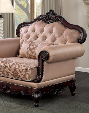 English Elm Dark Classic Tufted Accent Chair with Rolled Arms, Carved Wood Trim and Nailhead Detailing, Luxe Seating Statement Cherry,Light Brown 49 L x 36 W x 22 H B2741P380261