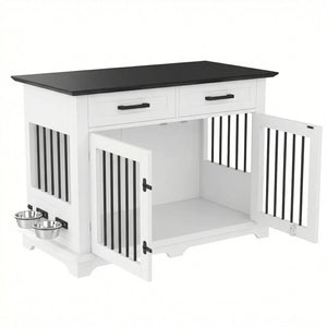 English Elm 44.48" Wooden Dog Crate End Table with Drawers Rotating Bowls Farmhouse Pet Kennel Black,White N704P379112K