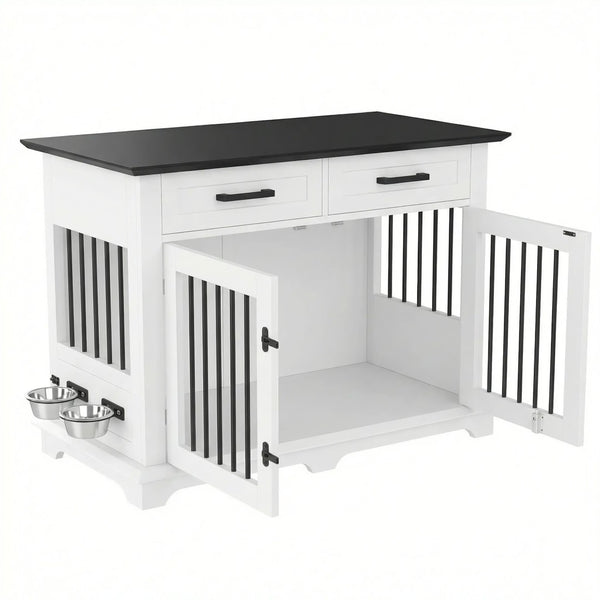 English Elm 44.48" Wooden Dog Crate End Table with Drawers Rotating Bowls Farmhouse Pet Kennel Black,White N704P379112K