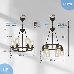 English Elm 23.62'' Farmhouse Wagon Wheel Chandelier Six Seeded Glass Shades Brown Metal Finish W5008P468517