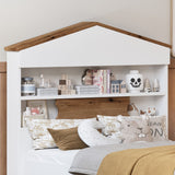 English Elm Twin Size House-Shaped Wooden Bed With Storage Shelf On The Headboard, Built-In Two Storage Drawers, Brown