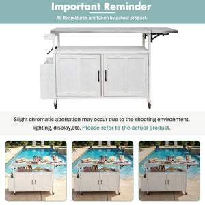 English Elm Foldable Outdoor Kitchen Cart with Stainless Worktop Fir Wood Frame and Lockable Wheels White N719P380279K