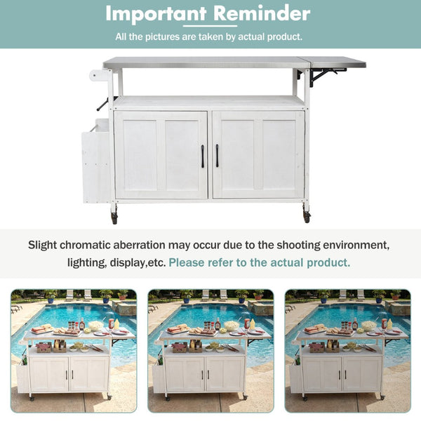 English Elm Foldable Outdoor Kitchen Cart with Stainless Worktop Fir Wood Frame and Lockable Wheels White N719P380279K