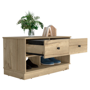 English Elm Tulip Light Oak Storage Bench with Two Drawers and Shelves — Modern Ergonomic Accent for Living Room Beige 40 L x 22 W x 6 H B128P148981