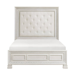 English Elm Classic Pearl White Queen Bed Mansion Headboard Carved Molding Tufted Upholstered Frame B011S01409