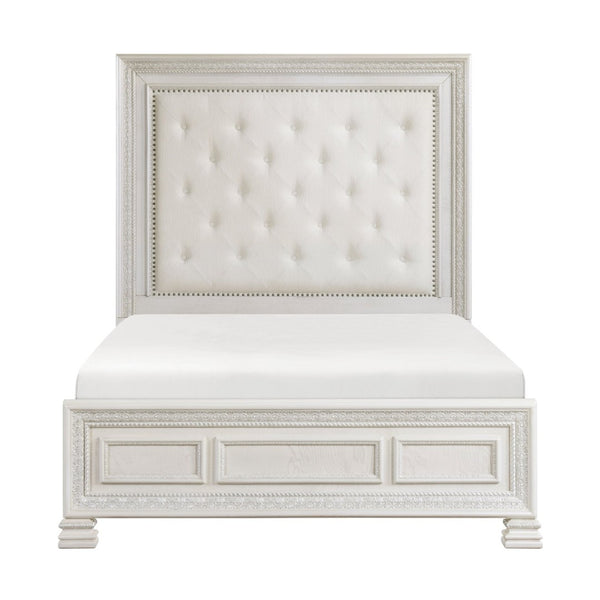 English Elm Classic Pearl White Queen Bed Mansion Headboard Carved Molding Tufted Upholstered Frame B011S01409