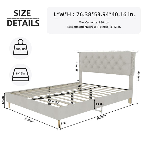 English Elm Suede Tufted Platform Bed Full Size Upholstered Headboard for Restful Bedroom Retreat Beige W1935P361000