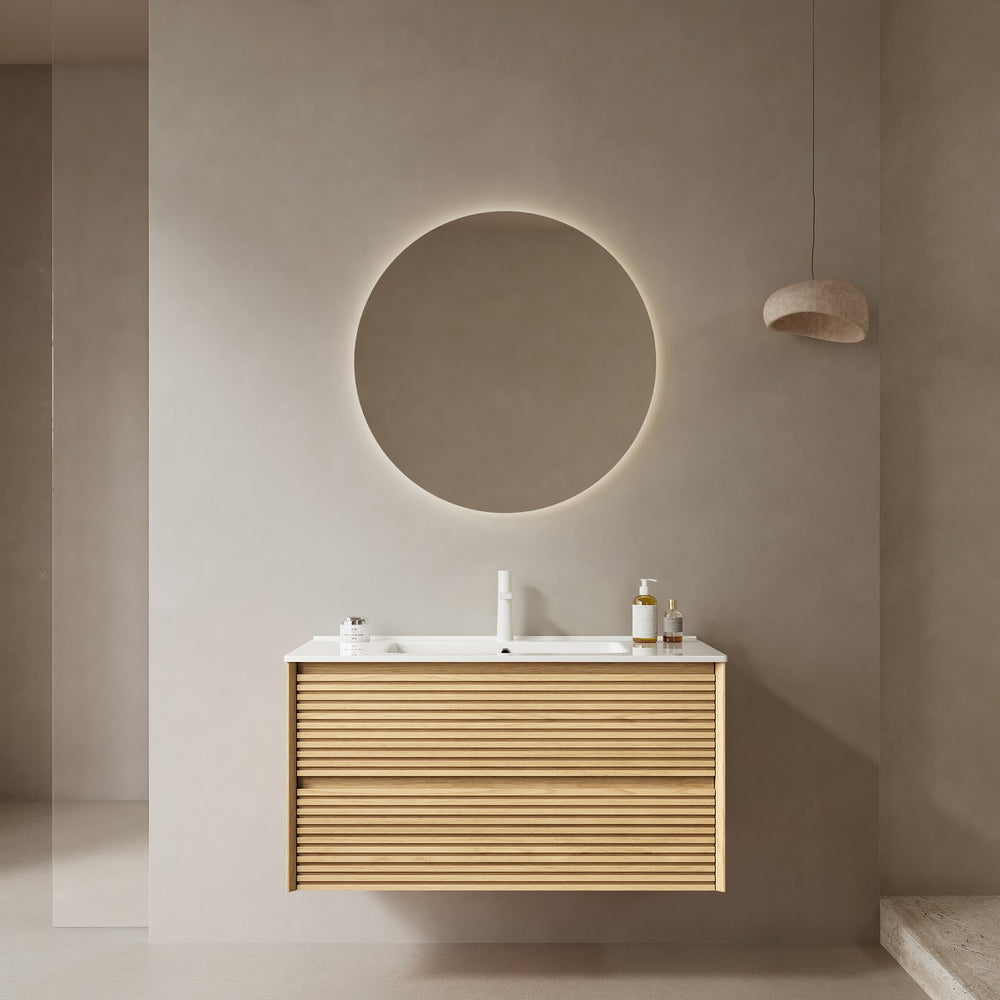 English Elm BRON 36" Bathroom Vanity with Ceramic Sink, Corolla Oak Grain Floating Cabinet, Soft-Close Drawers W2615P264556