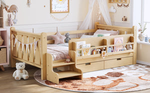 English Elm Twin Pine Floor Bed with Guardrails Built-in Bookcases and Stair Steps for Kids Light Natural W1580P430201