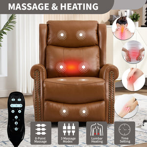 English Elm Heat Massage Swivel Rocker Recliner in Genuine Leather for Living Room Comfort W3224S00015