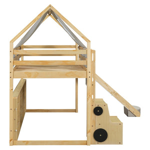 English Elm Twin House Loft Bed with Tent Canopy Slide and Shelves Pinewood Kids Frame Natural LT000682AAD-1