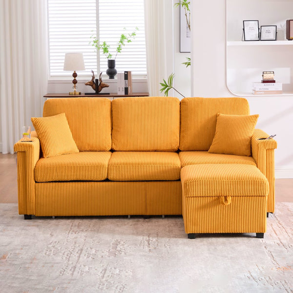 English Elm UNITED Corduroy L-Shaped Sectional Sofa with Storage Ottoman, USB Ports, Cup Holders & LED Lighting Mustard yellow W1568P332403