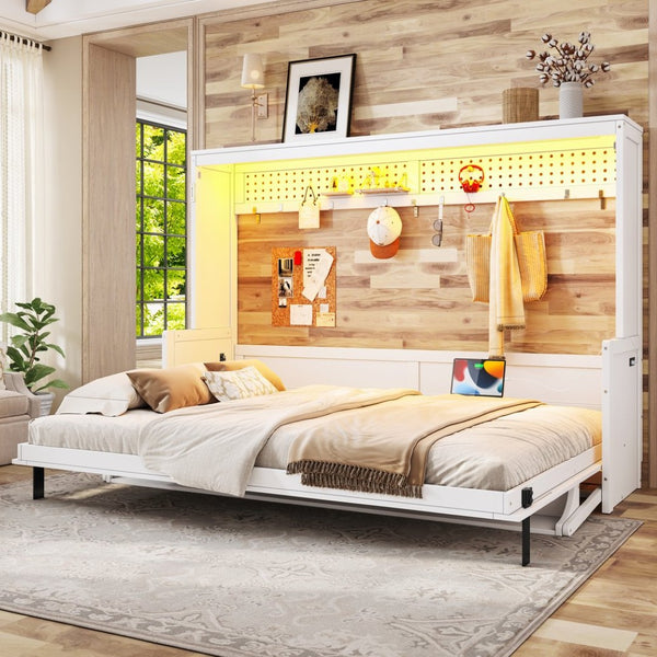 English Elm Queen Murphy Bed with Fold Down Desk Led Lighting and Usb Port for Home Office White W1580S00456
