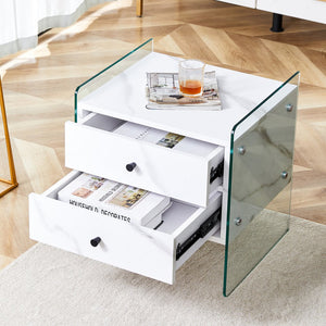 English Elm Double-drawer modern bedside table with MDF surface, tempered glass sides, elegant storage design W1151P191734