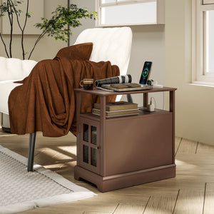 English Elm HOMCOM Narrow End Table with Built-In Charging Station, Hidden Glass Storage and Open Shelf Elegance Brown W2225P229465