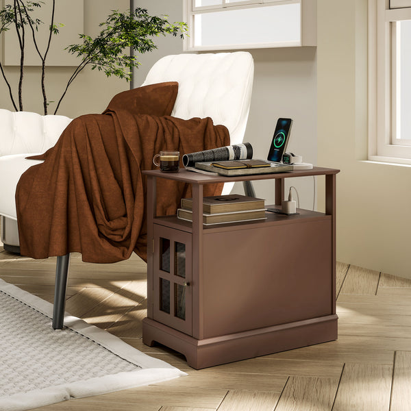 English Elm HOMCOM Narrow End Table with Built-In Charging Station, Hidden Glass Storage and Open Shelf Elegance Brown W2225P229465