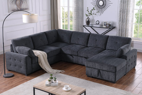 English Elm Multi Functional L Shaped Sectional Sofa with Sleeper and Hidden Storage Chaise Dark Gray B2730S00055
