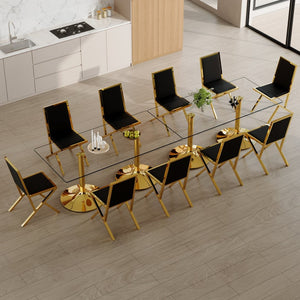 English Elm Table and Chair Set 12 Piece Tempered Glass Dining with Gold Metal Legs Modern Black+Gold,Transparent W1151S04772