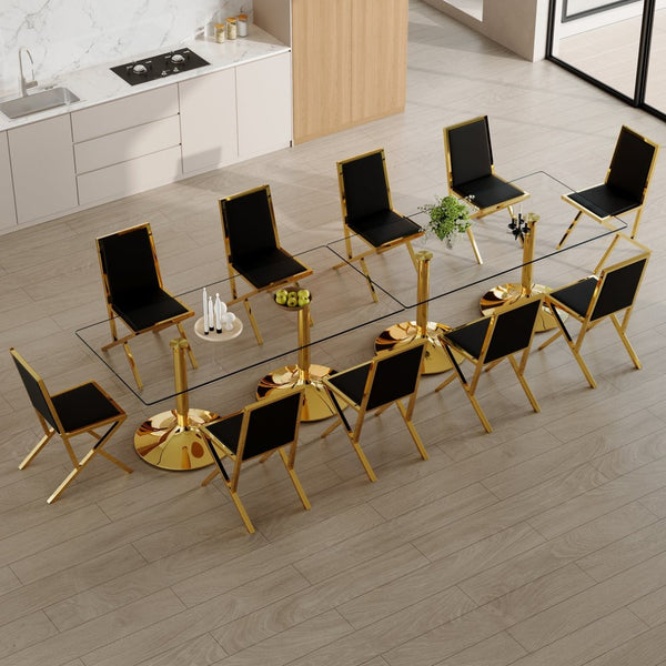 English Elm Table and Chair Set 12 Piece Tempered Glass Dining with Gold Metal Legs Modern Black+Gold,Transparent W1151S04772