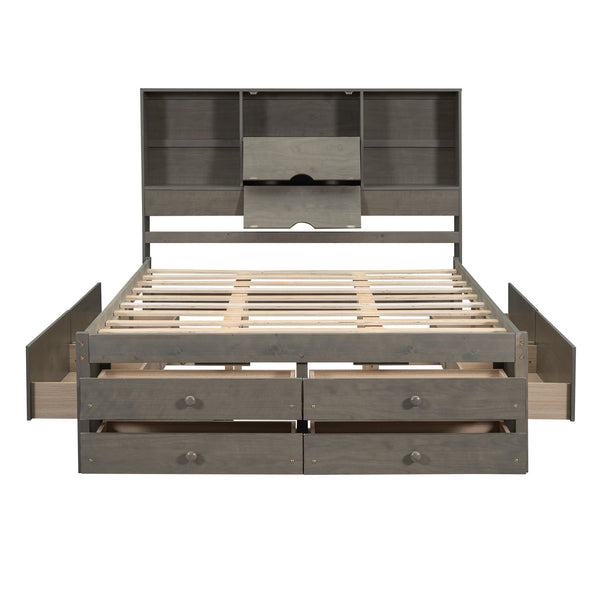 English Elm Queen Platform Bed with Built-In Headboard Storage and 8 Drawers, Solid Wood MDF, Sturdy Design Gray GX000453AAE