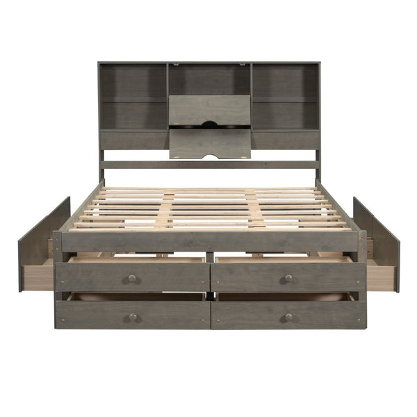 English Elm Queen Platform Bed Solid Pine Frame with Storage Headboard and Eight Organizer Drawers Gray GX000453AAE-1