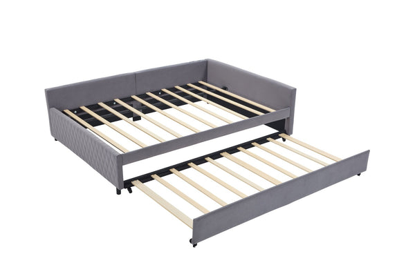 English Elm Upholstered Velvet Daybed with Pull Out Trundle Diamond Tufted Guest Bedroom Sofa Grey W1361S00067