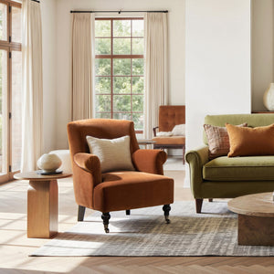 English Elm Jennifer Taylor Home - Eloise Handcrafted 30" Pleated Sock-Arm Accent Chair with Camelback Silhouette and Solid Wood Legs Burnt Orange B2719P385741