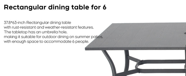 English Elm "vintage Wood Grain Steel Outdoor Dining Table with Umbrella Hole Rust Proof Slatted Top Black W3979P394149