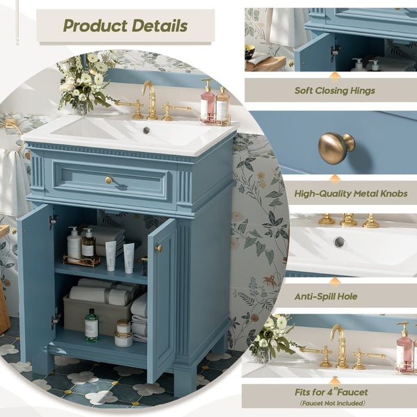 English Elm 24'' Carved Farmhouse Bathroom Vanity with Ceramic Sink Soft Close Storage Cabinet Indigo Blue N710P446530M