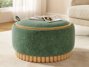 English Elm 29" Round Boucle Storage Ottoman Sculptural Wood Base Reversible Lid Living Room Green N723P405304G