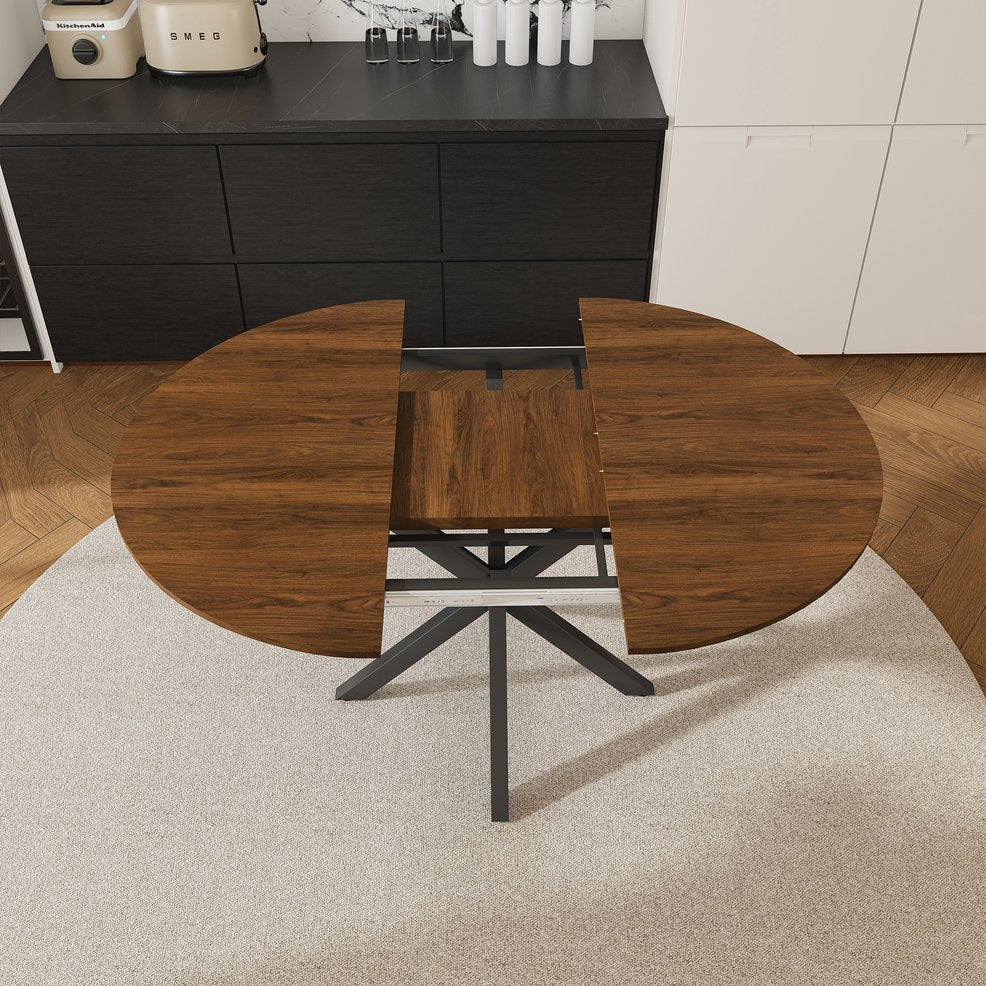 English Elm Retractable round dining table with walnut veneer, carbon steel X-base, extends 42″–58″, seats 6 W2700P331233