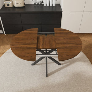 English Elm Retractable round dining table with walnut veneer, carbon steel X-base, extends 42″–58″, seats 6 W2700P331233