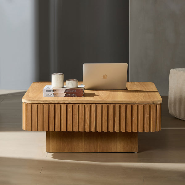 English Elm 35.43 Inch Modern Handcraft Drum Coffee Table Square Lift-Top with Hidden Storage & Wood Grain Finish Natural Ash W2582P340809