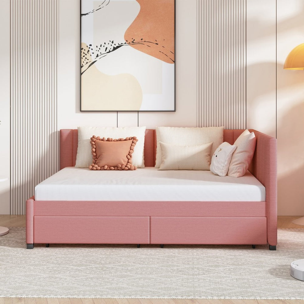 English Elm Full Size Linen Upholstered Daybed with Storage Drawers for Guest Room Studio Pink LP000172AAH