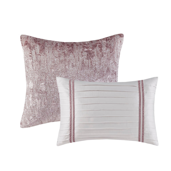 JLA Home Madison Park - 5 Crinkle Velvet Comforter Set with Hypoallergenic Fill, Pleated Embroidered Pillows for Luxe Hotel Style Blush MP10-8354