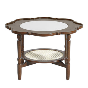 English Elm Mid-Century Petal Coffee Table with Walnut & Rattan, 2-Tier Glass Top, Vintage Small-Space Charm N735P291422D