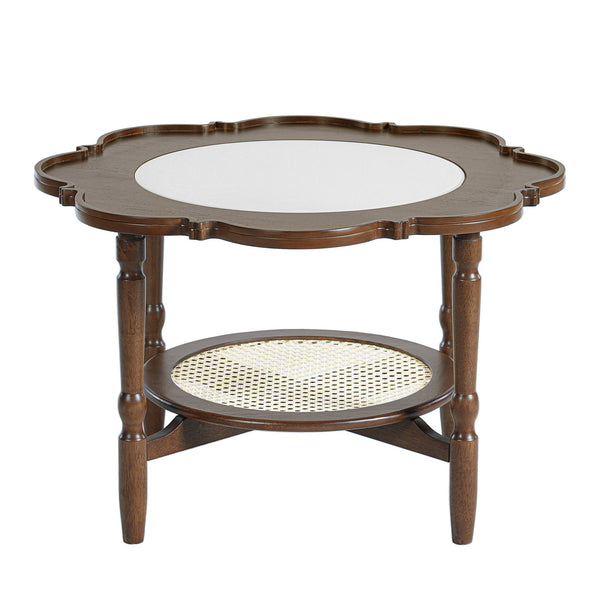 English Elm Mid-Century Petal Coffee Table with Walnut & Rattan, 2-Tier Glass Top, Vintage Small-Space Charm N735P291422D