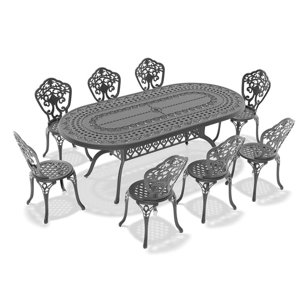 English Elm 9-Piece All-Weather Cast Aluminum Dining Set - Stylish Black Frame For Elegant Outdoor Gatherings W1710S00252
